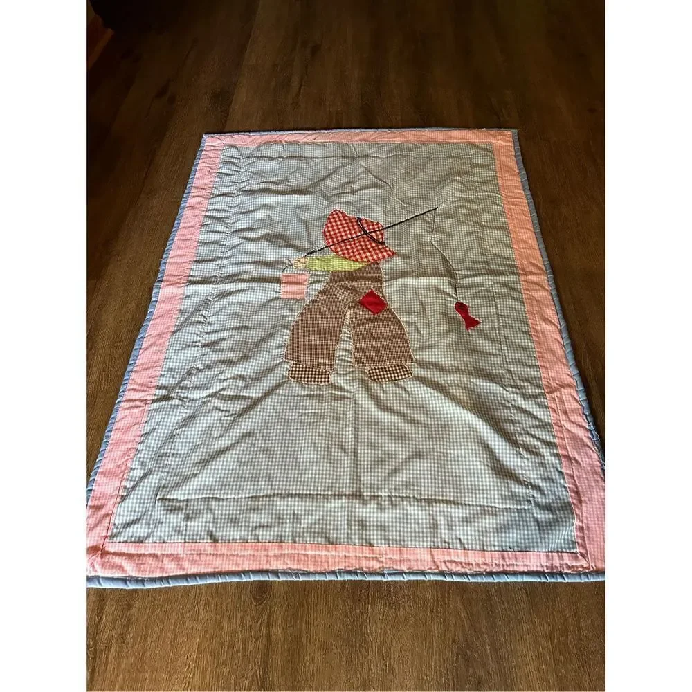 Vintage Handmade Plaid Fishing Child Quilt Blanket Decor 49”x37” Multi Color EUC
